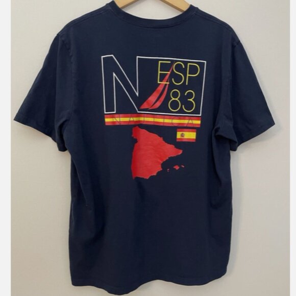 NAUTICA Mens Large T Shirt Navy Blue Cotton 2 Sided Nautical Graphics - Picture 2 of 6